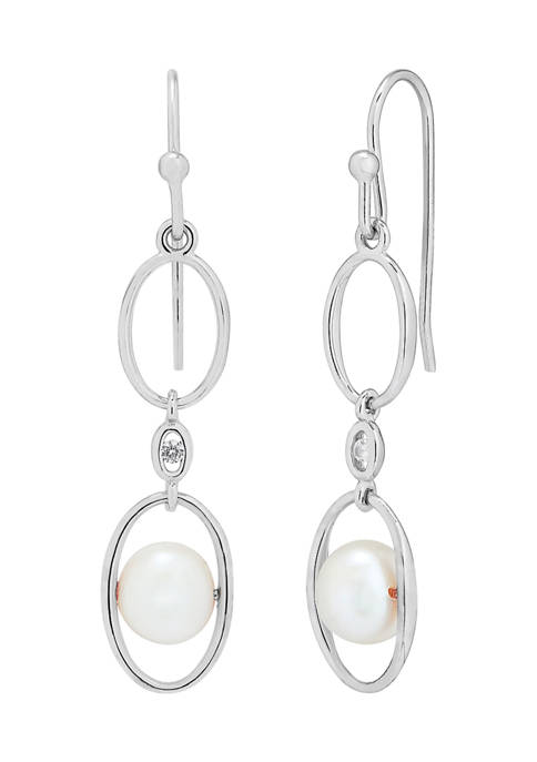 7-7.5 Millimeter Oval Pearl and 1.5 Millimeter Lab-Created White Sapphire Drop Earrings in Sterling Silver