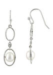 7-7.5 Millimeter Oval Pearl and 1.5 Millimeter Lab-Created White Sapphire Drop Earrings in Sterling Silver