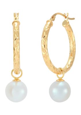 Belk & Co Round Freshwater White Culture Pearl Drop Earring in 10K Yellow Gold