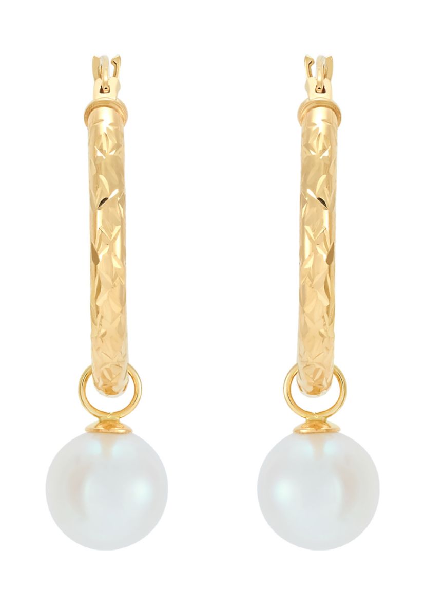 Round Freshwater White Culture Pearl Drop Earring in 10K Yellow Gold