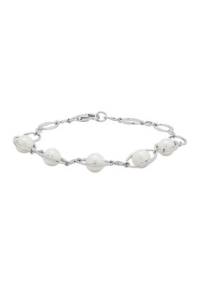 Belk & Co 7-7.5 Millimeter Oval Pearl And 1.5 Millimeter Lab Created White Sapphire Bracelet In Sterling Silver