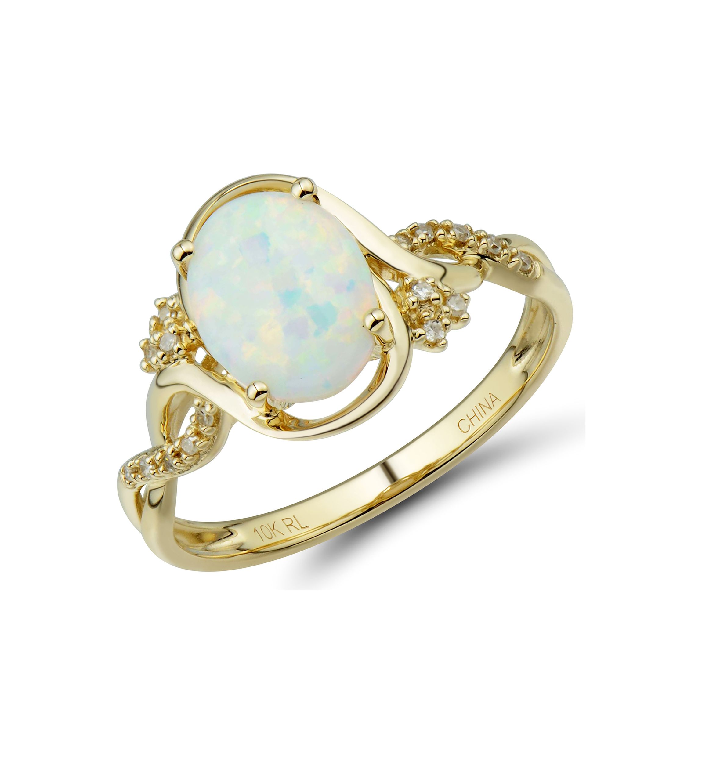 1/10 ct. t.w. Lab Created Diamond and Opal Ring in 10K Yellow Gold