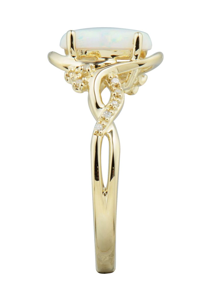 1/10 ct. t.w. Lab Created Diamond and Opal Ring in 10K Yellow Gold