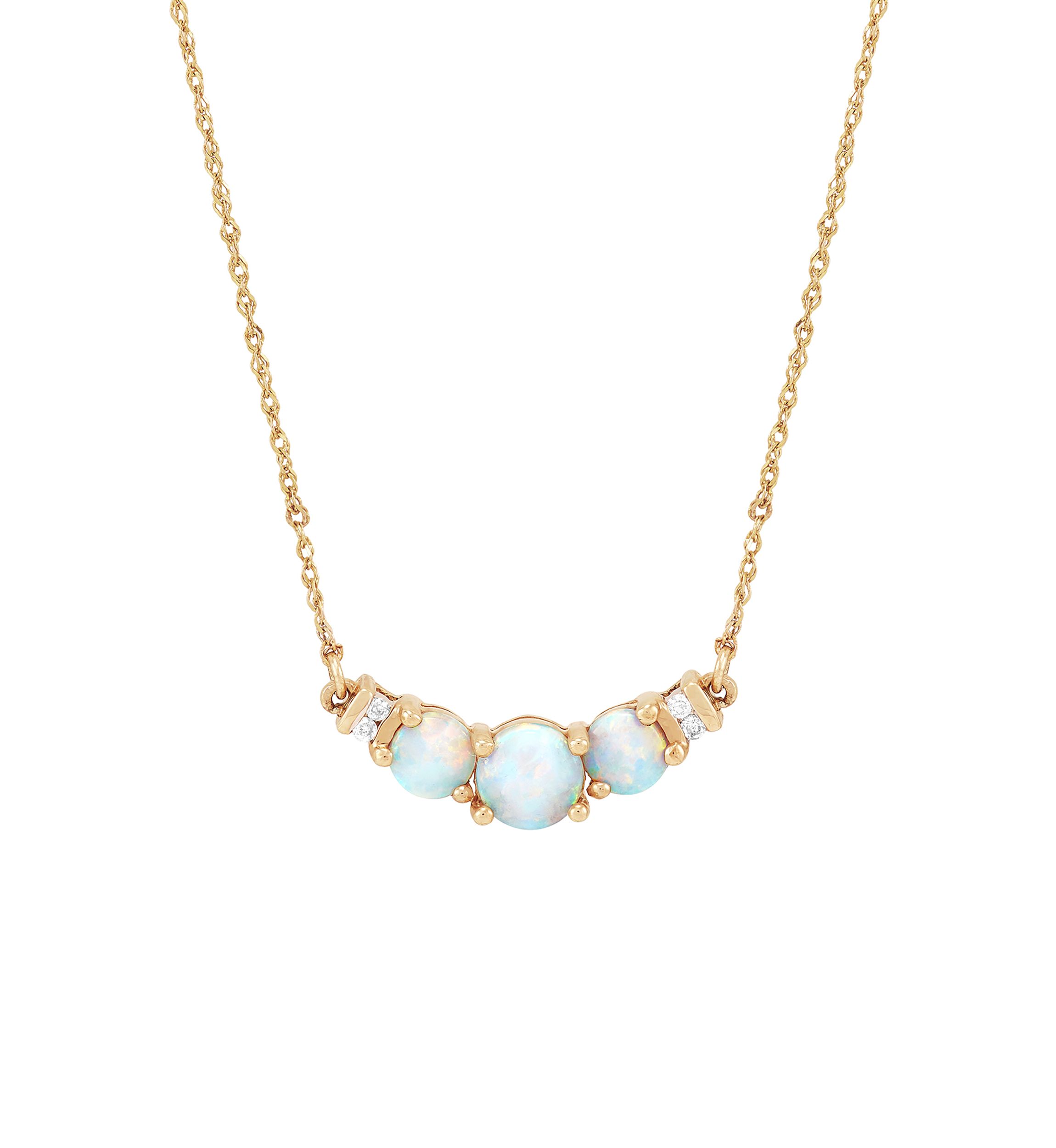 1/10 ct. t.w. Lab Created Diamond and Opal 3 Stone Necklace in 10K Yellow Gold