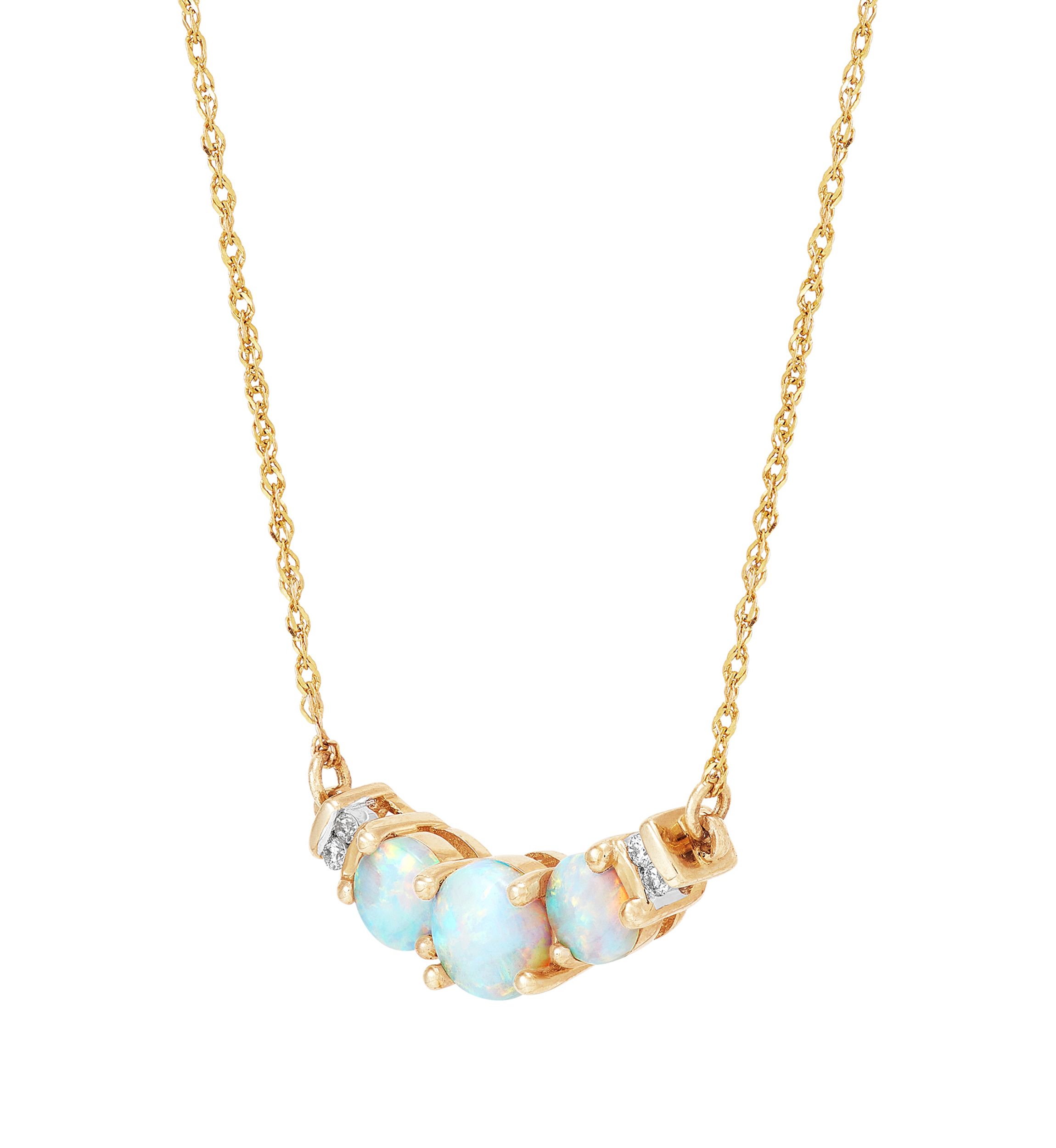 1/10 ct. t.w. Lab Created Diamond and Opal 3 Stone Necklace in 10K Yellow Gold