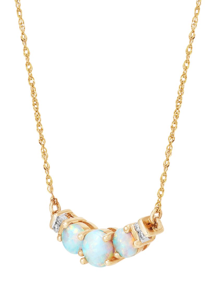 1/10 ct. t.w. Lab Created Diamond and Opal 3 Stone Necklace in 10K Yellow Gold