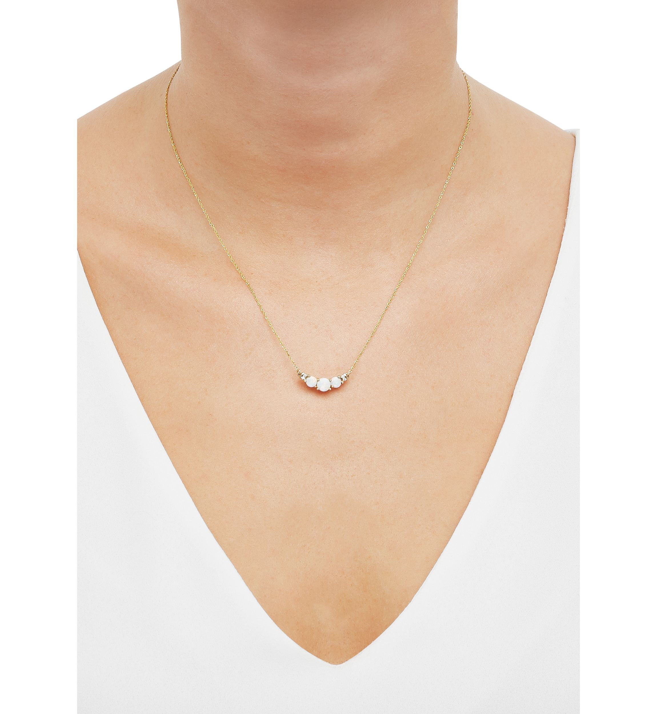 1/10 ct. t.w. Lab Created Diamond and Opal 3 Stone Necklace in 10K Yellow Gold