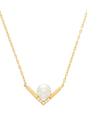 Belk & Co Freshwater Pearl and 1/10 ct. t.w. White Topaz Necklace in 10k Yellow Gold