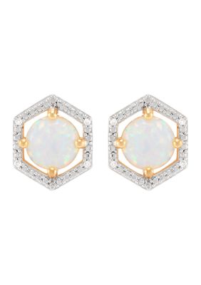 Belk & Co 1/10 Ct. T.w. Diamond And Lab-Created Opal Stud Earrings In 10K Yellow Gold
