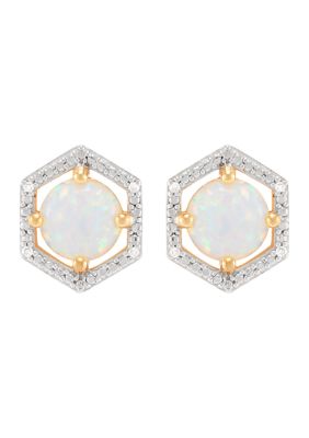Belk & Co 1/10 ct. t.w. Diamond and Lab-Created Opal Stud Earrings in 10K Yellow Gold