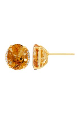 Belk & Co 1/10 Ct. T.w. Diamond And Citrine Oval Stud Earrings In 10K Yellow Gold