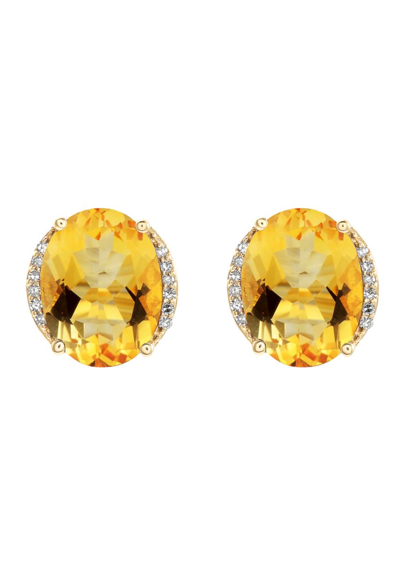 1/10 ct. t.w. Diamond and Citrine Oval Stud Earrings in 10K Yellow Gold