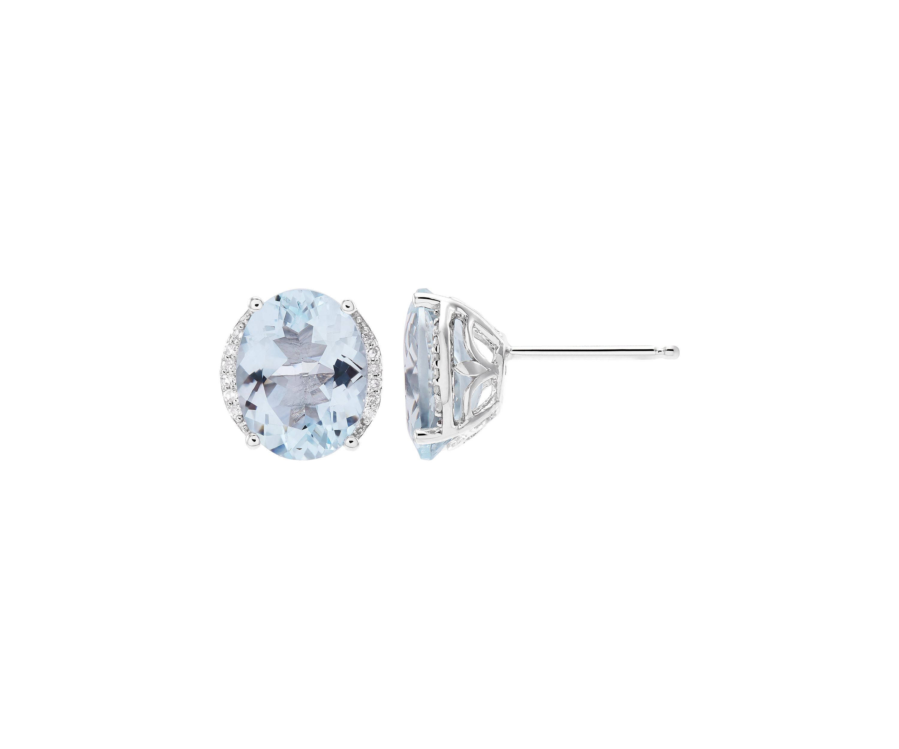   1/10 ct. t.w. Diamond and Aqua Oval Stud Earrings in 10K White Gold