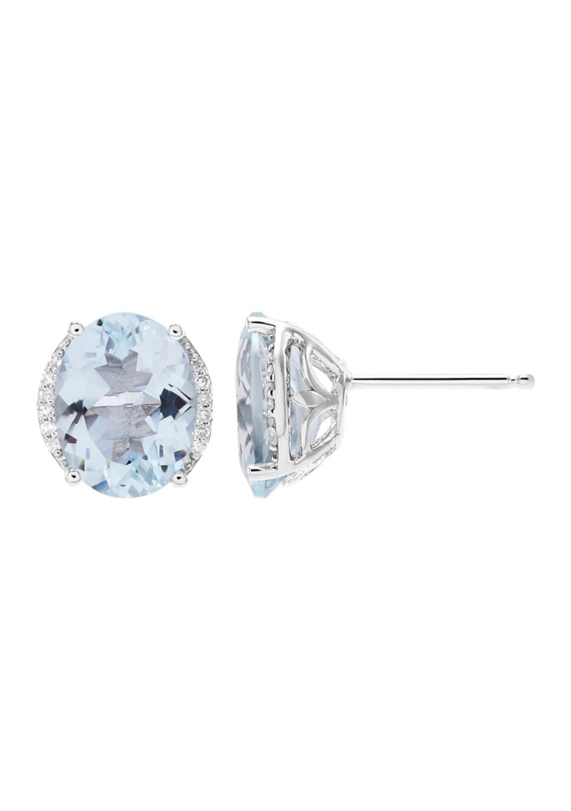   1/10 ct. t.w. Diamond and Aqua Oval Stud Earrings in 10K White Gold