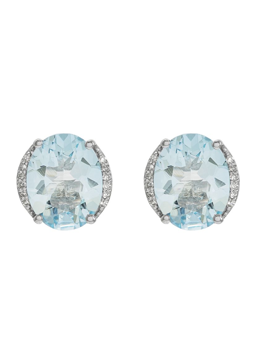   1/10 ct. t.w. Diamond and Aqua Oval Stud Earrings in 10K White Gold