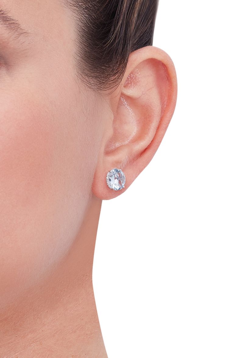   1/10 ct. t.w. Diamond and Aqua Oval Stud Earrings in 10K White Gold