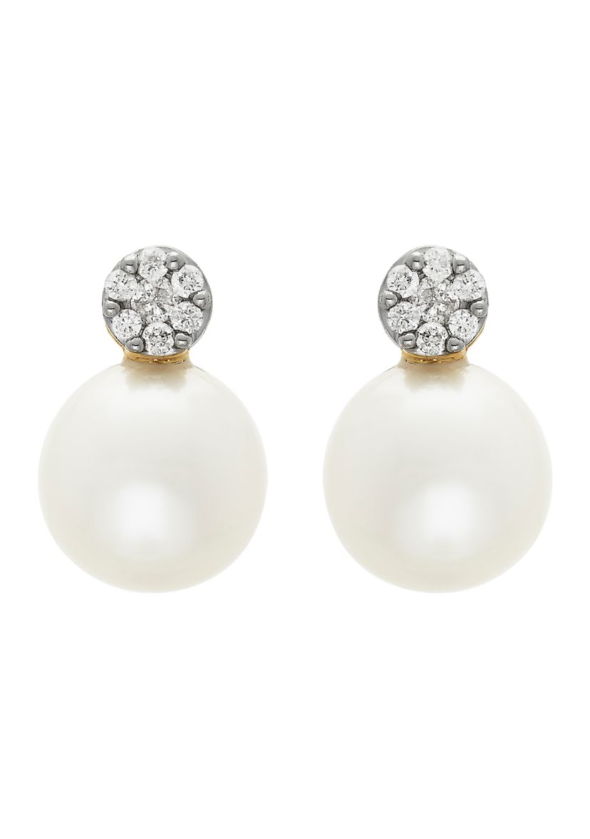 Freshwater Pearl and Diamond Top Earrings in 10k Yellow Gold