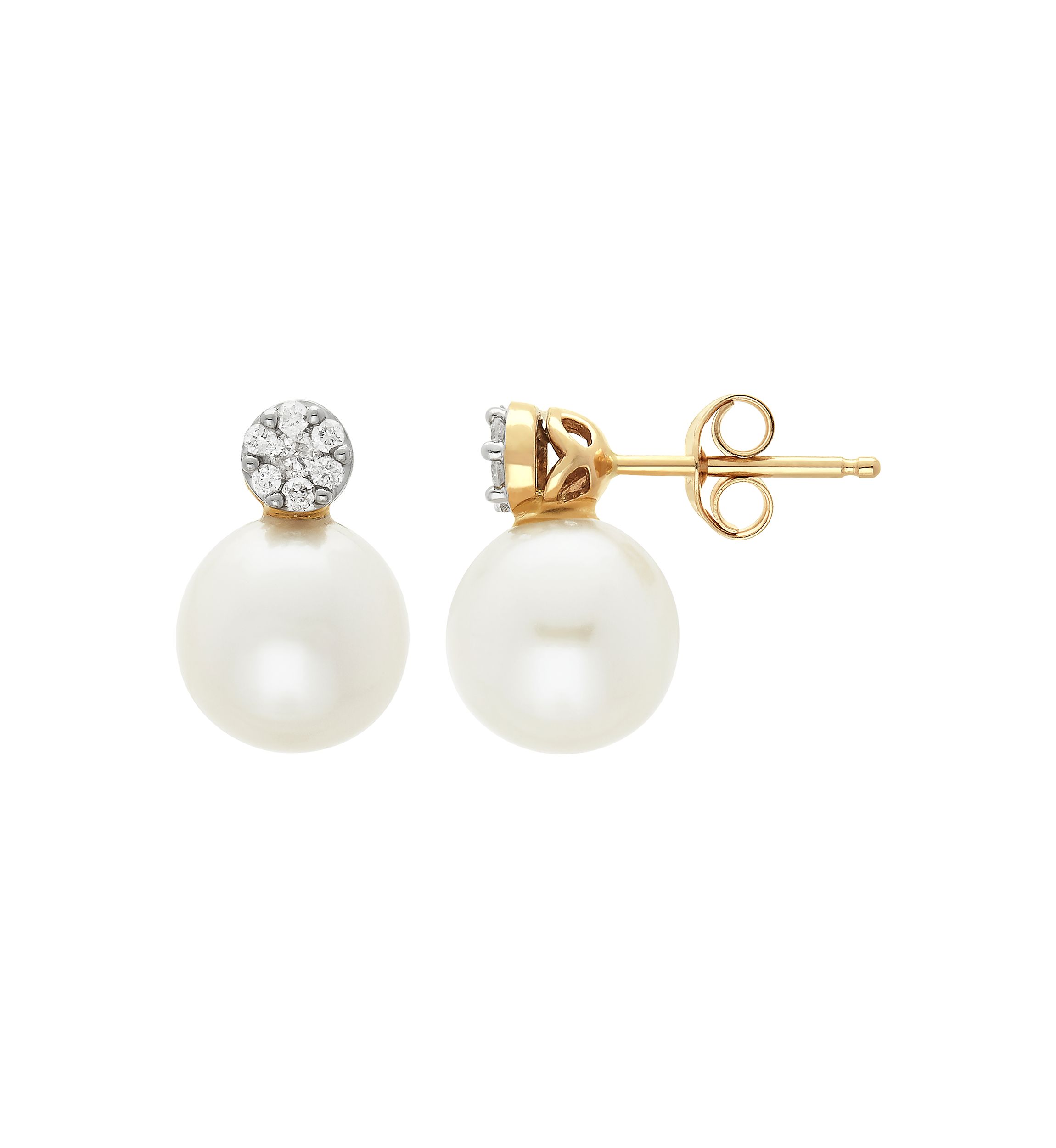 Freshwater Pearl and Diamond Top Earrings in 10k Yellow Gold