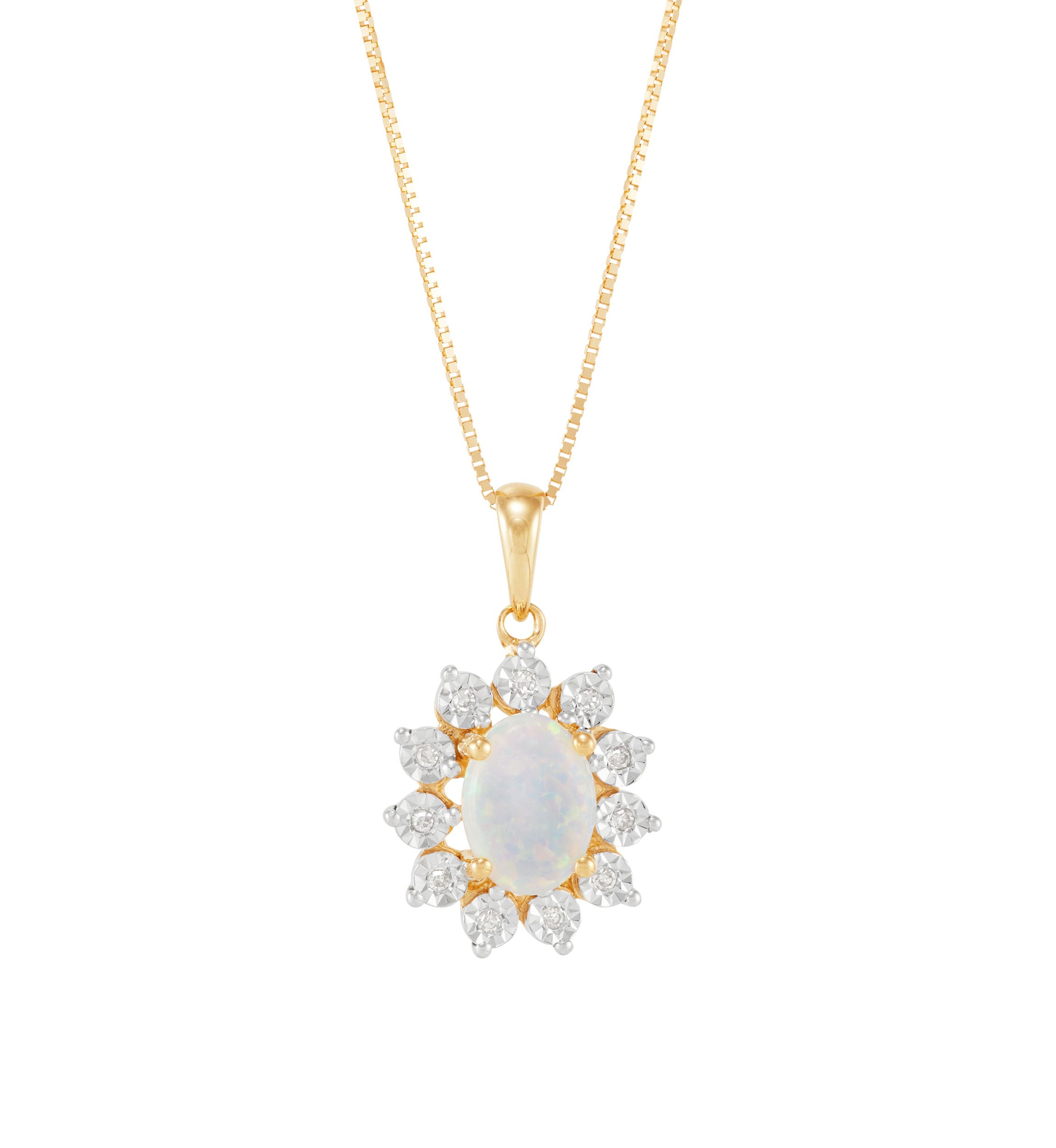 1/10 ct. t.w. Lab-Created Diamond and Opal Pendant Necklace with 18" Box Chain in 10K Yellow Gold
