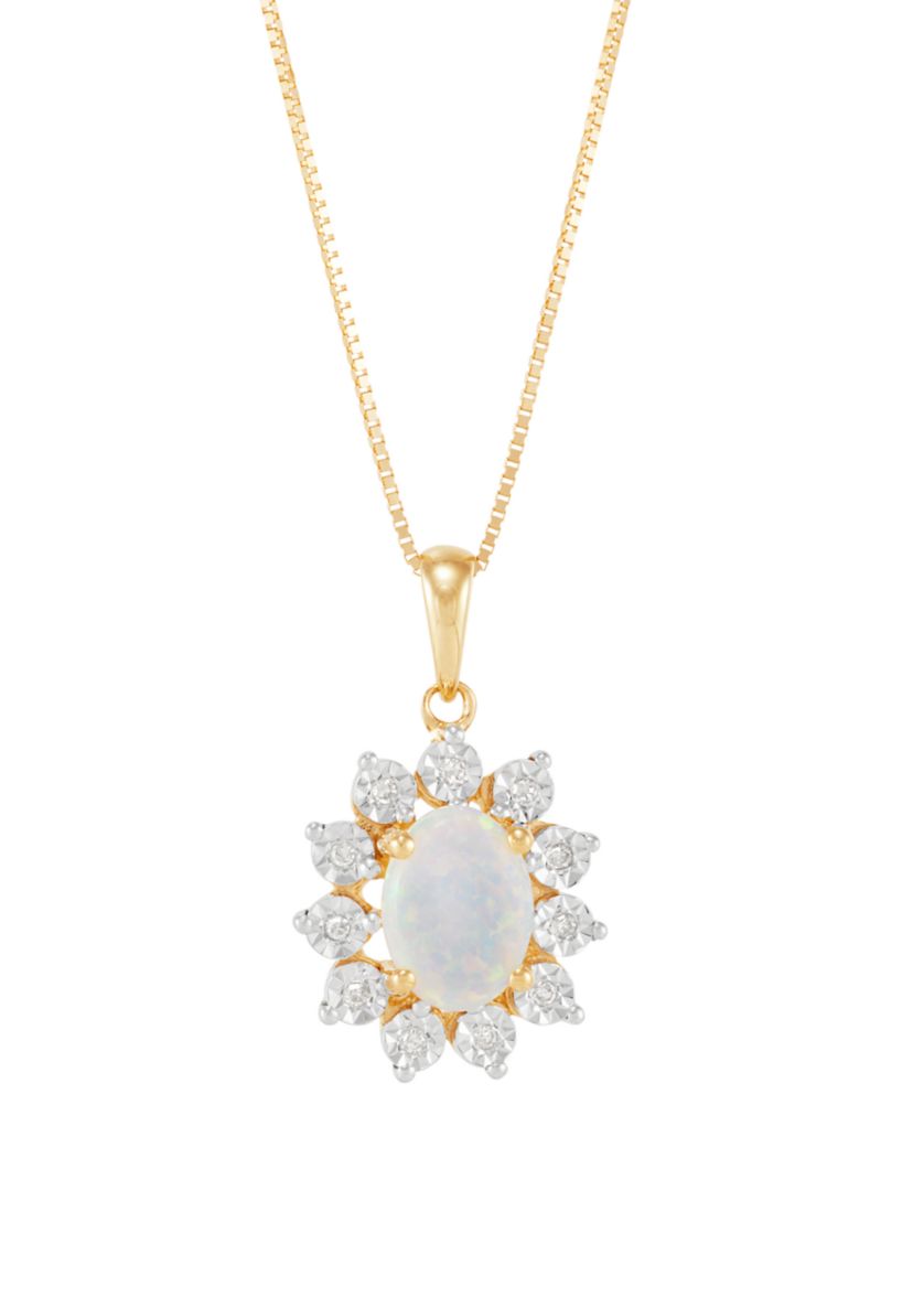 1/10 ct. t.w. Lab-Created Diamond and Opal Pendant Necklace with 18" Box Chain in 10K Yellow Gold