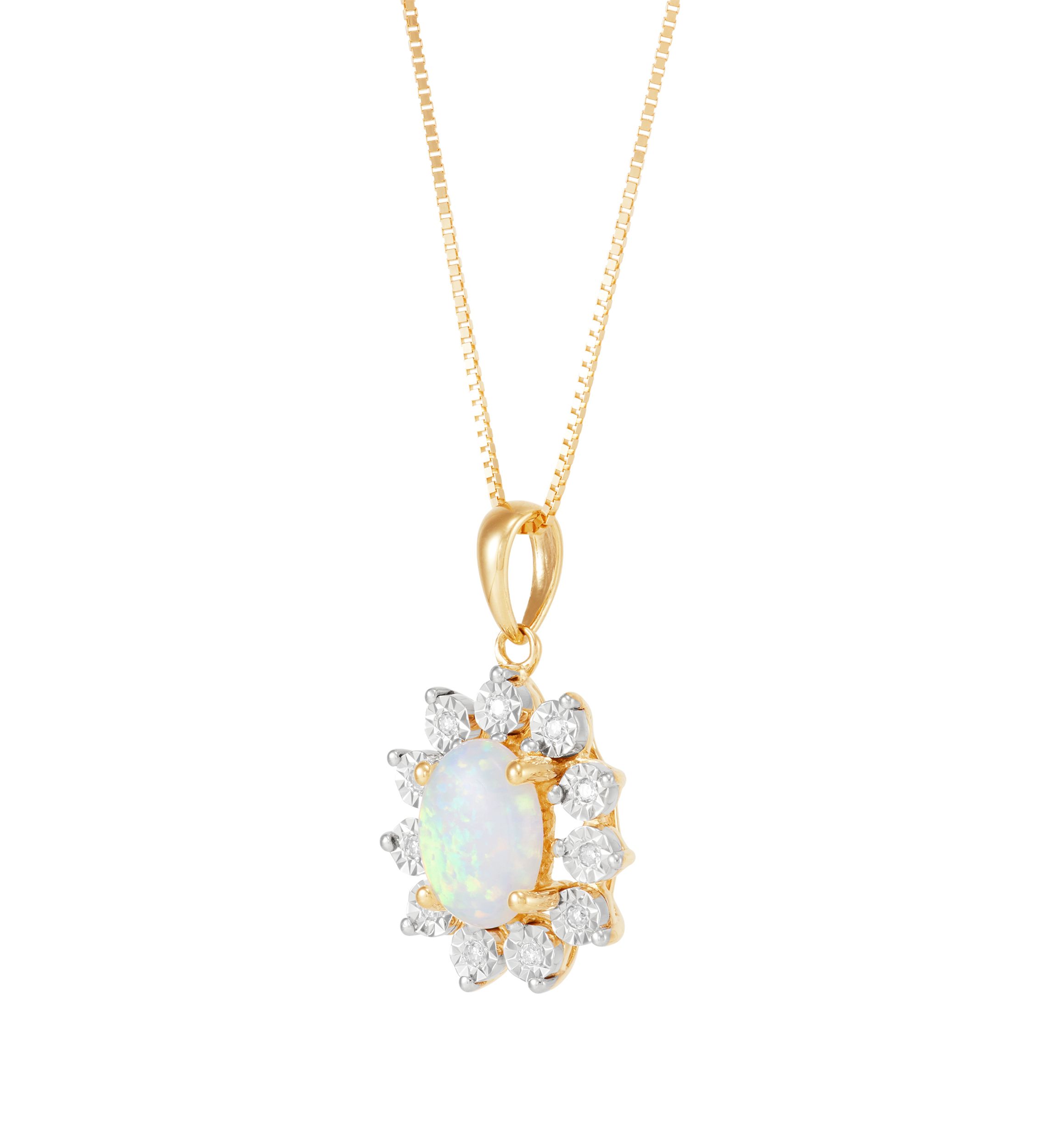 1/10 ct. t.w. Lab-Created Diamond and Opal Pendant Necklace with 18" Box Chain in 10K Yellow Gold