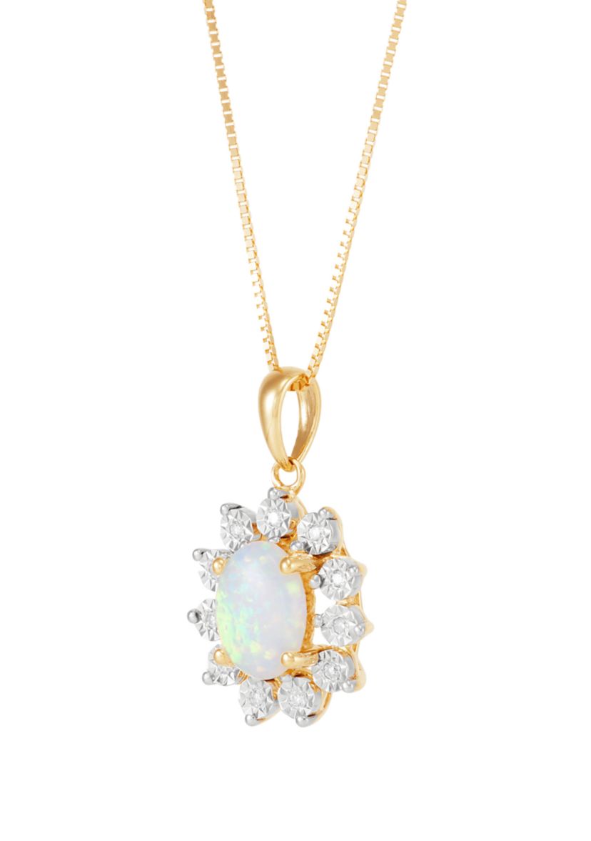 1/10 ct. t.w. Lab-Created Diamond and Opal Pendant Necklace with 18" Box Chain in 10K Yellow Gold