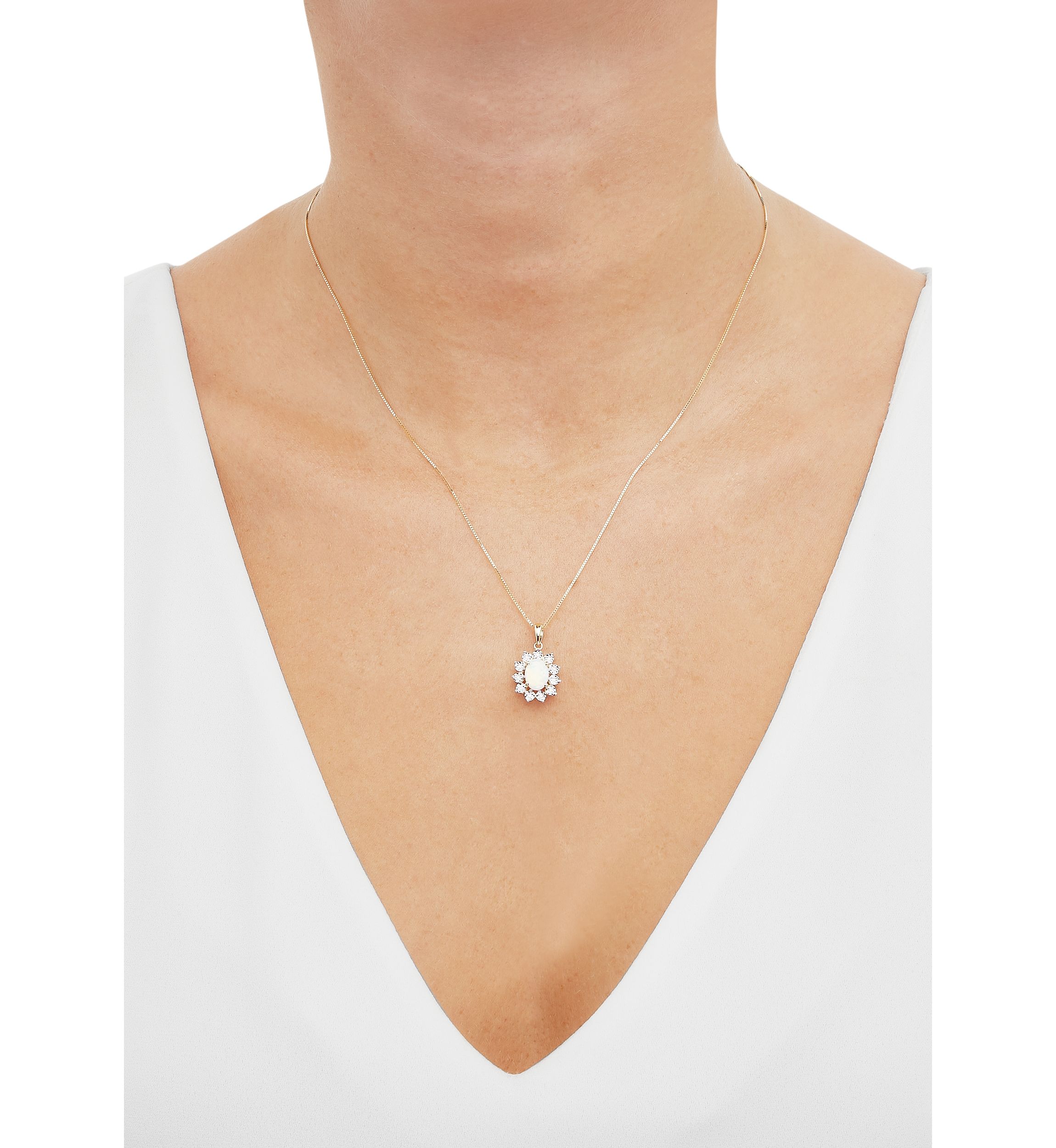 1/10 ct. t.w. Lab-Created Diamond and Opal Pendant Necklace with 18" Box Chain in 10K Yellow Gold