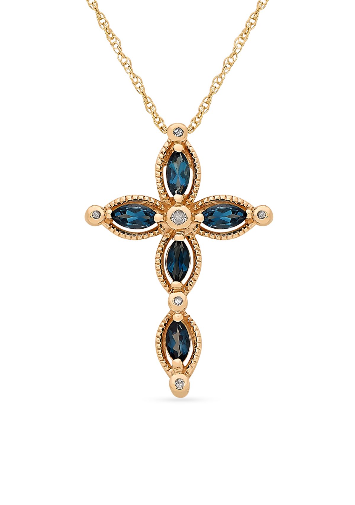 10k Yellow Gold Blue Topaz and Diamond Cross Pendant Necklace