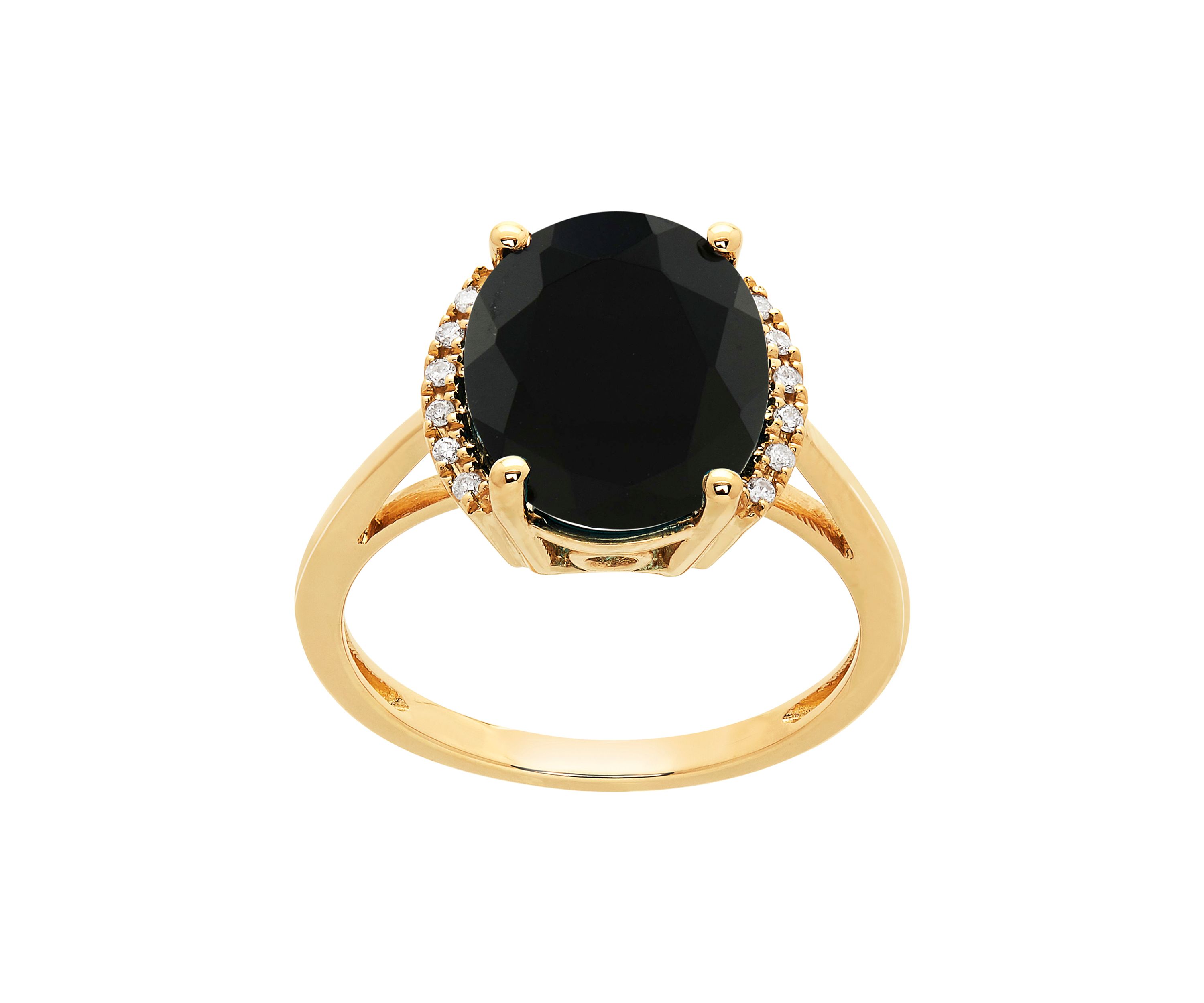 1/10 ct. t.w. and Onyx Oval Ring in 10K Yellow Gold 