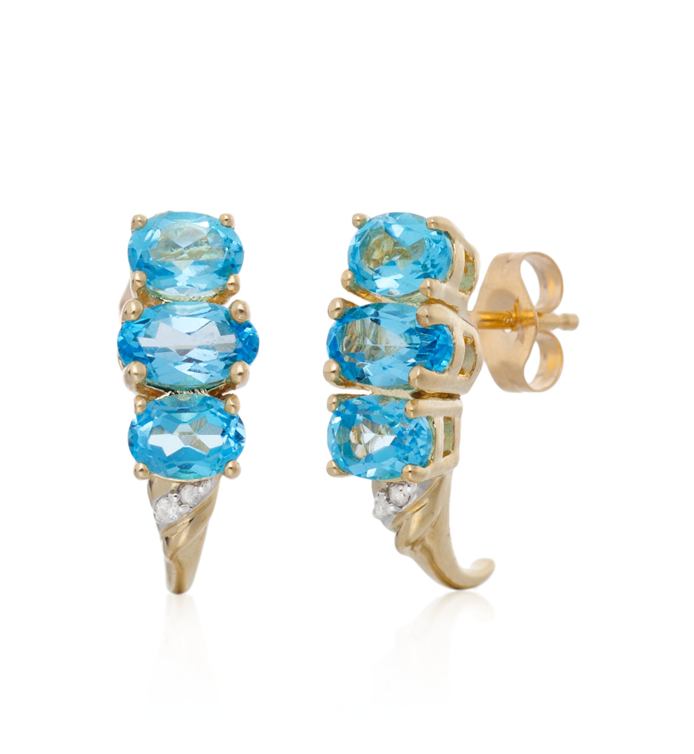 Blue Topaz 3 Stone J-Hoop Earrings in 10K Yellow Gold