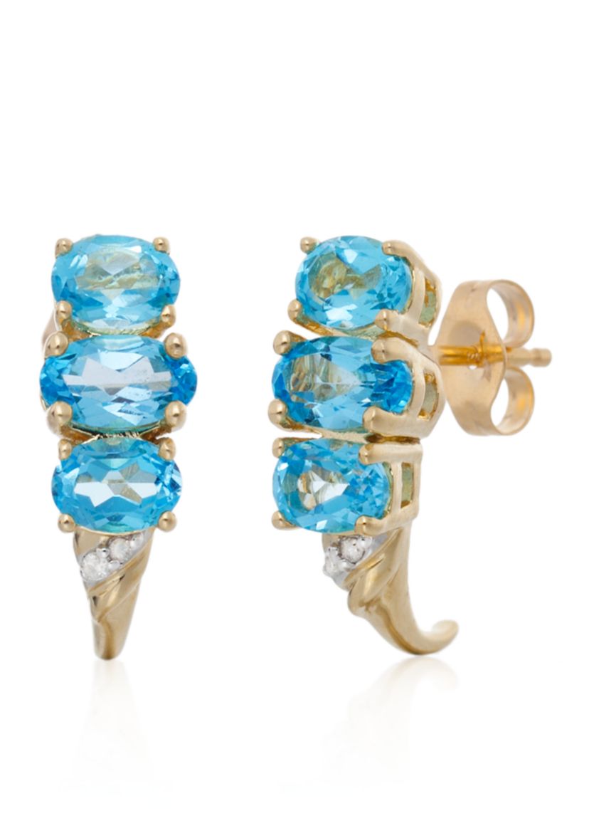 Blue Topaz 3 Stone J-Hoop Earrings in 10K Yellow Gold