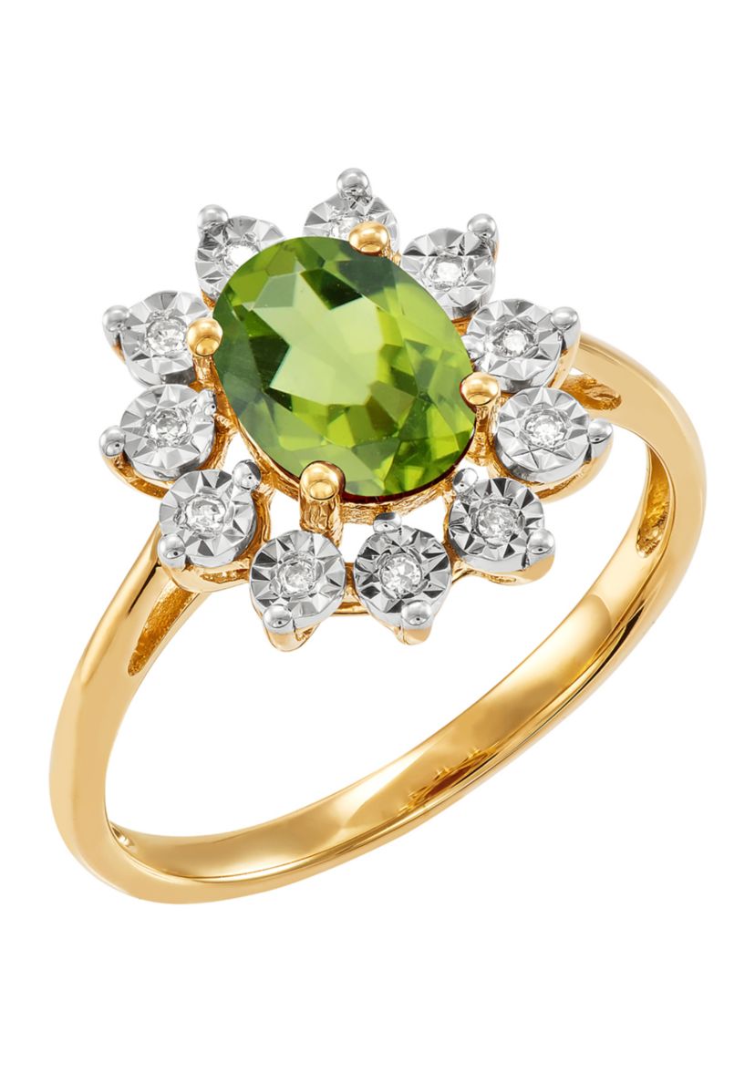 1/10 ct. t.w. Diamond and Peridot Oval Ring in 10K Yellow Gold