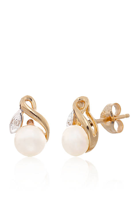 Freshwater Pearl and Diamond Flower Stud Earrings in 10K Yellow Gold
