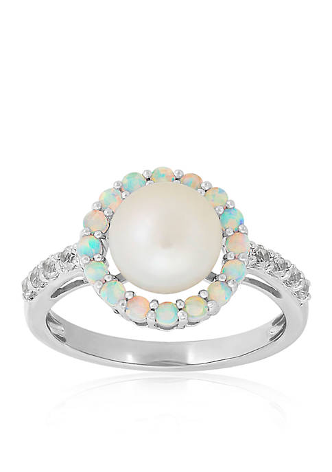Freshwater Pearl and Created Opal with Sapphire Halo Ring in Sterling Silver