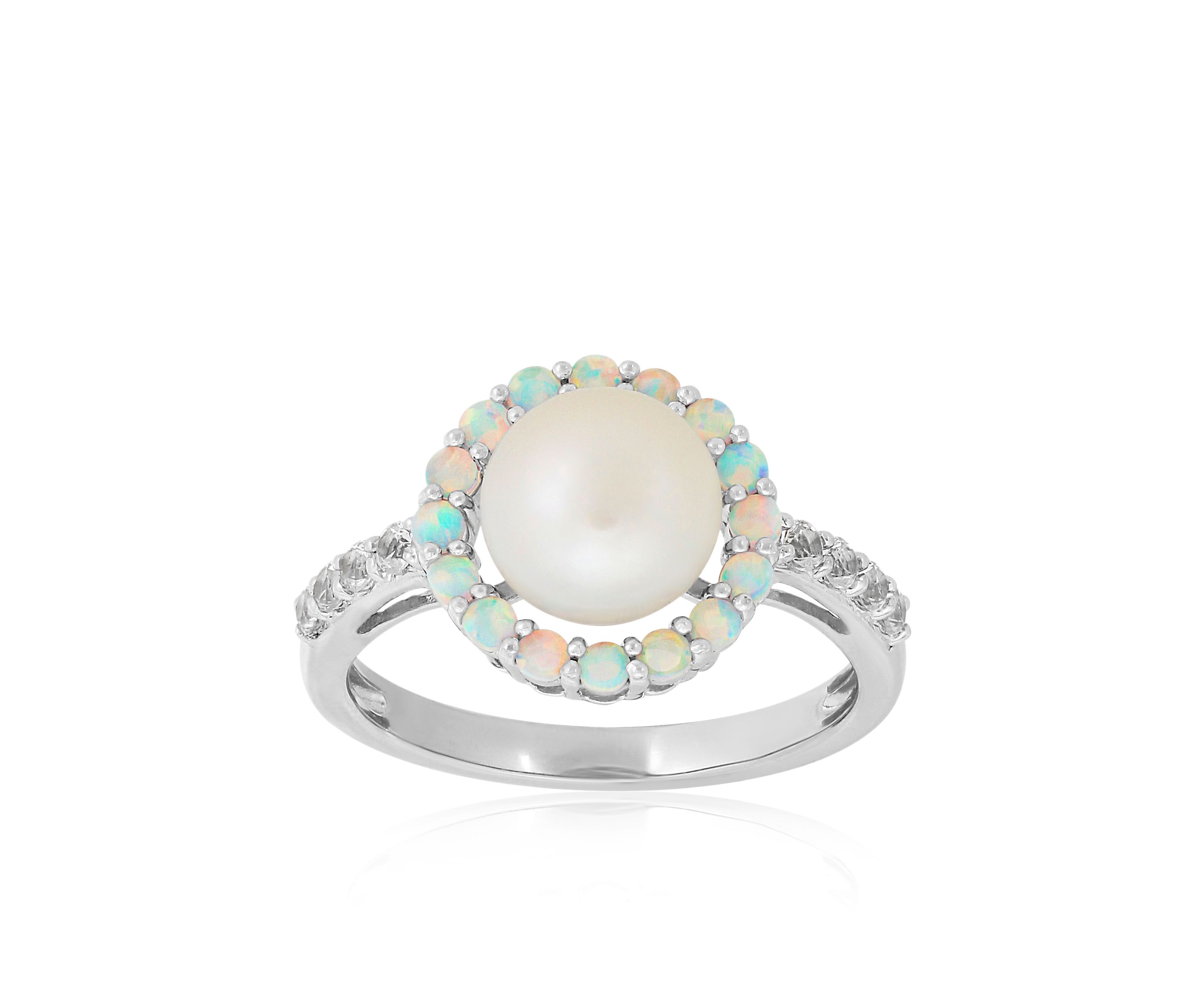Freshwater Pearl and Created Opal with Sapphire Halo Ring in Sterling Silver