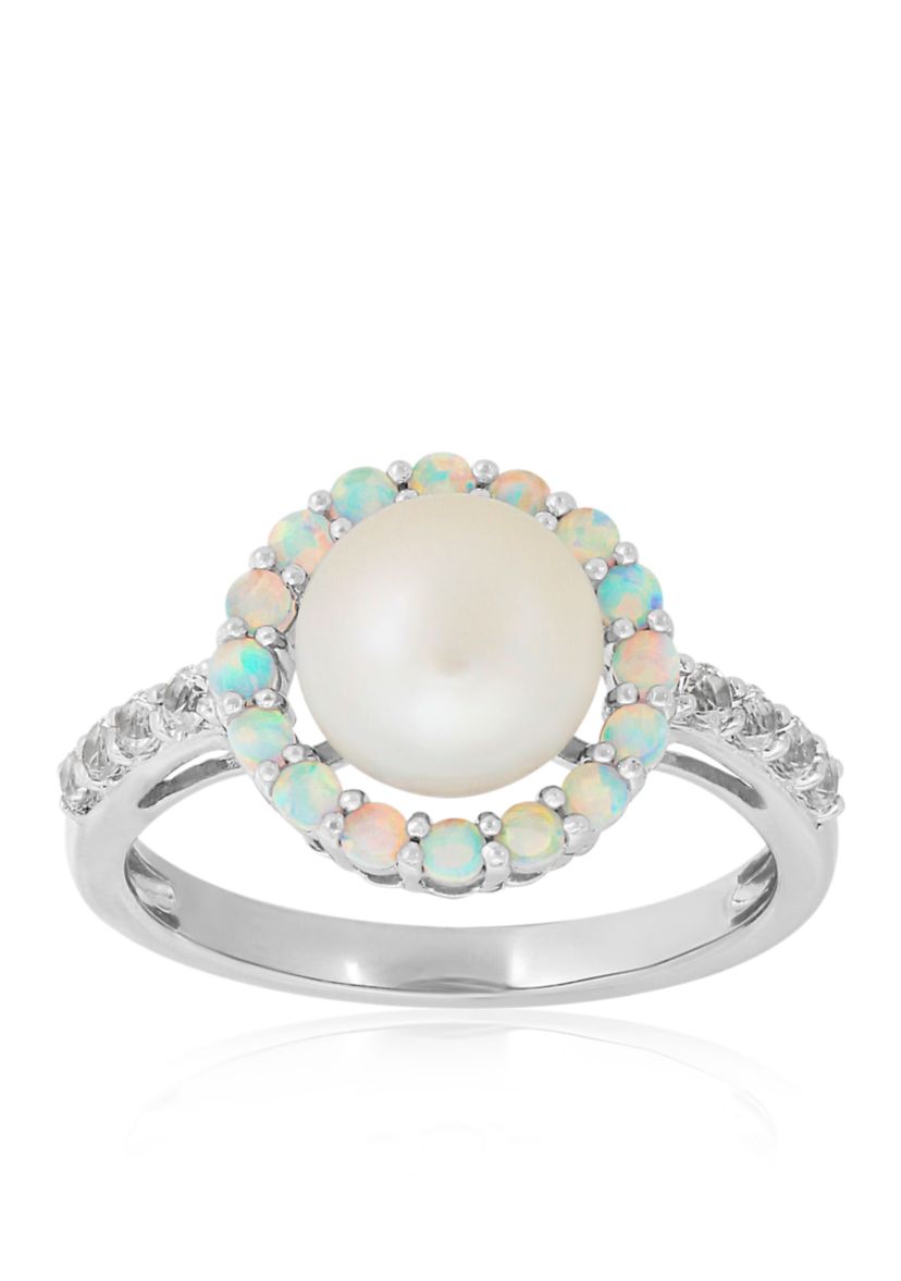 Freshwater Pearl and Created Opal with Sapphire Halo Ring in Sterling Silver