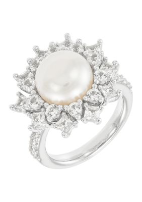 Belk & Co. Pearl and Lab Created White Sapphire Ring in Sterling Silver ...