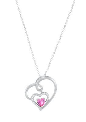 Belk & Co Lab Grown Pink and White Sapphire Heart Pendant with 18" Cable Chain in Sterling Silver, 18 in