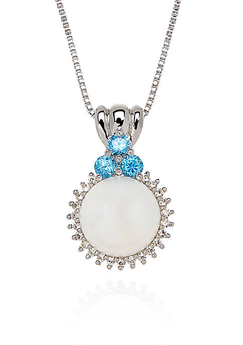 Freshwater Pearl and White and Blue Topaz Round Pendant in Sterling Silver