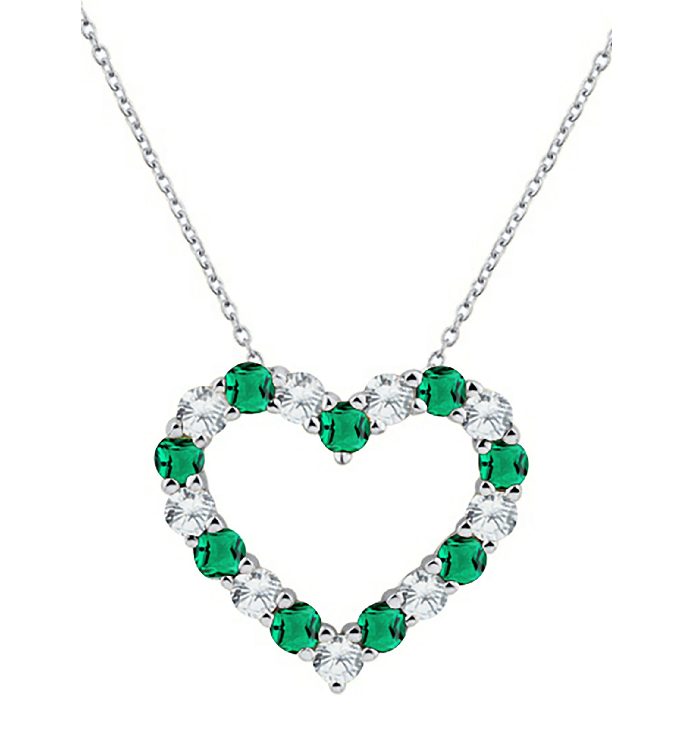 Created Emerald and White Sapphire Heart Pendant Necklace in Sterling Silver