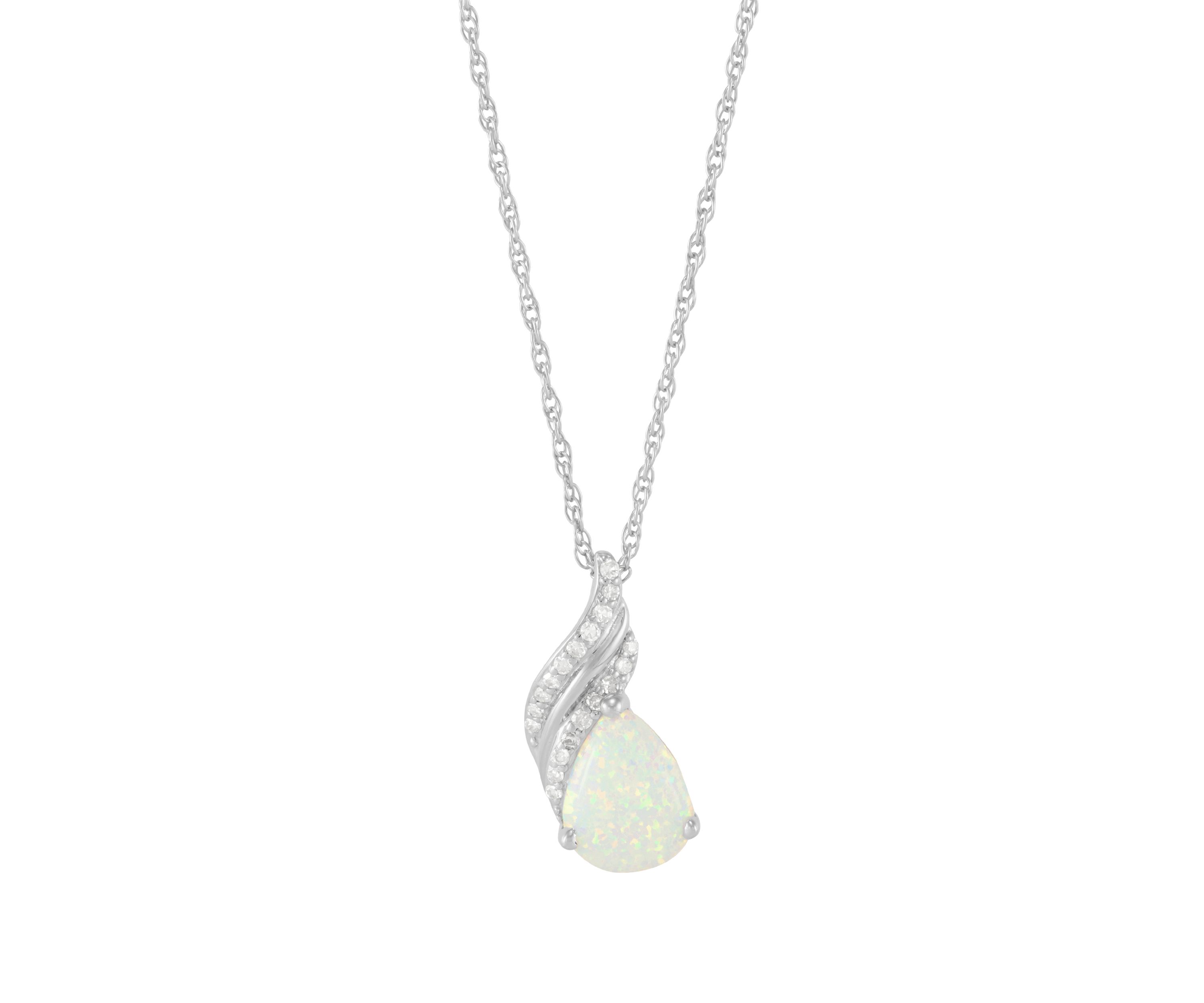 1/10 ct. t.w. Lab-Created Diamond and Opal Pear Shape Pendant Necklace with 18" Rope Chain in Sterling Silver