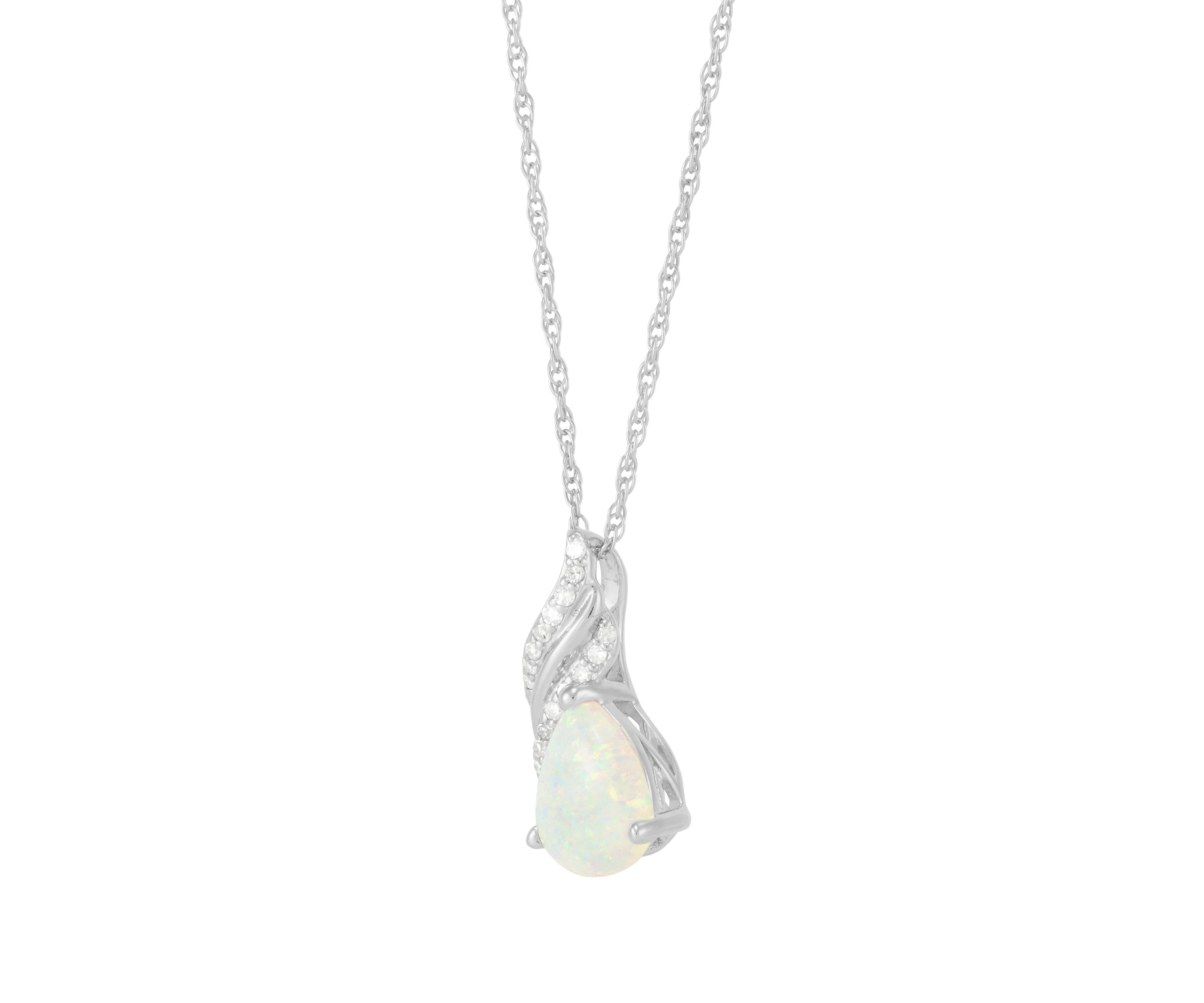 1/10 ct. t.w. Lab-Created Diamond and Opal Pear Shape Pendant Necklace with 18" Rope Chain in Sterling Silver