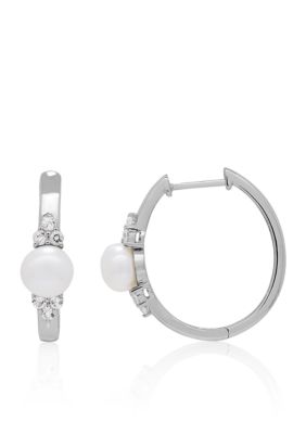 Belk & Co Freshwater Pearl and White Topaz Hoop Earrings in Sterling Silver