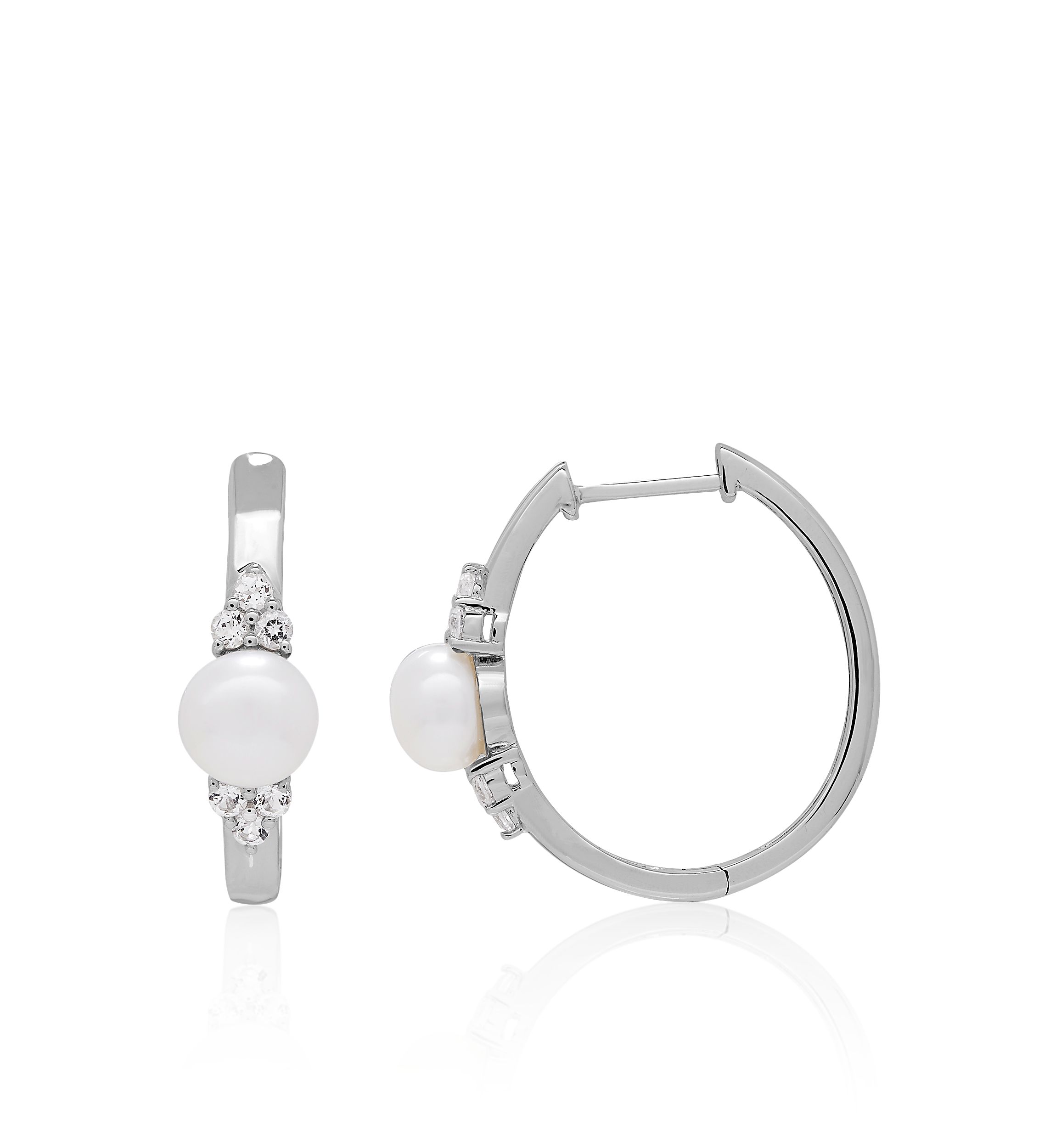 Freshwater Pearl and White Topaz Hoop Earrings in Sterling Silver
