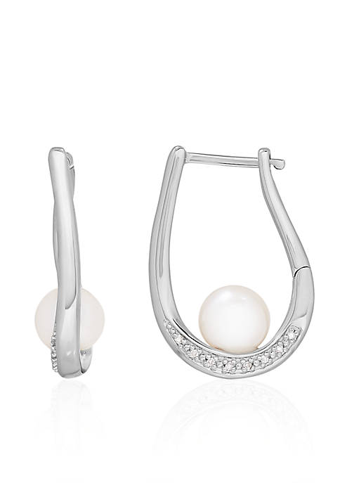 Freshwater Pearl and Diamond Hoop Earrings in Sterling Silver