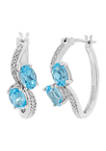 Blue Topaz and Diamond Hoop Earrings in Sterling Silver