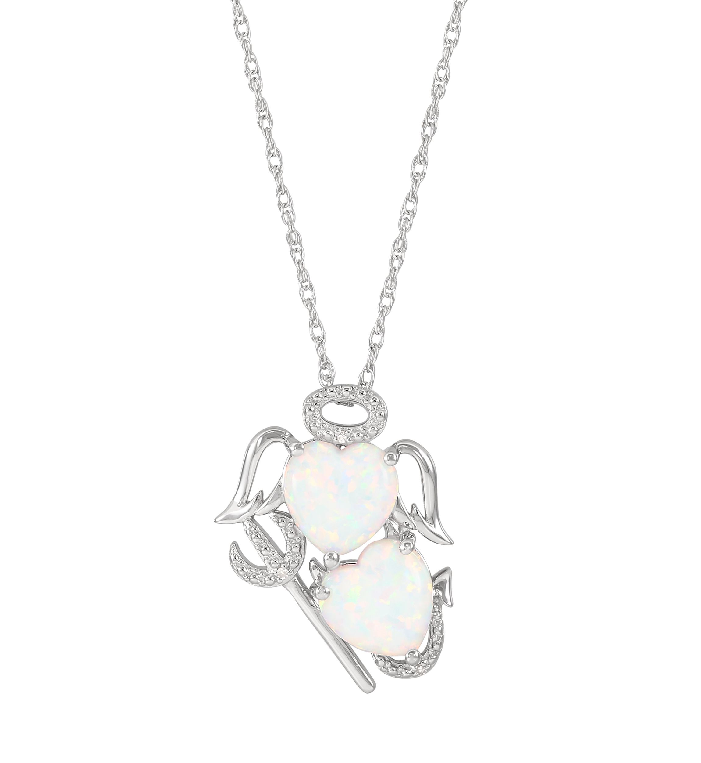 Lab Grown Diamond and Opal Angel and Evil Pendant with 18" Rope Chain in Sterling Silver