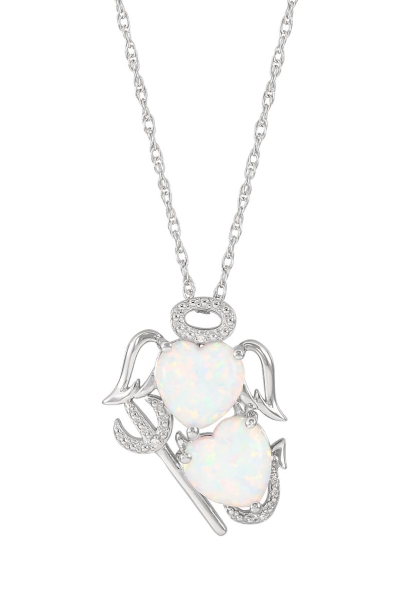 Lab Grown Diamond and Opal Angel and Evil Pendant with 18" Rope Chain in Sterling Silver