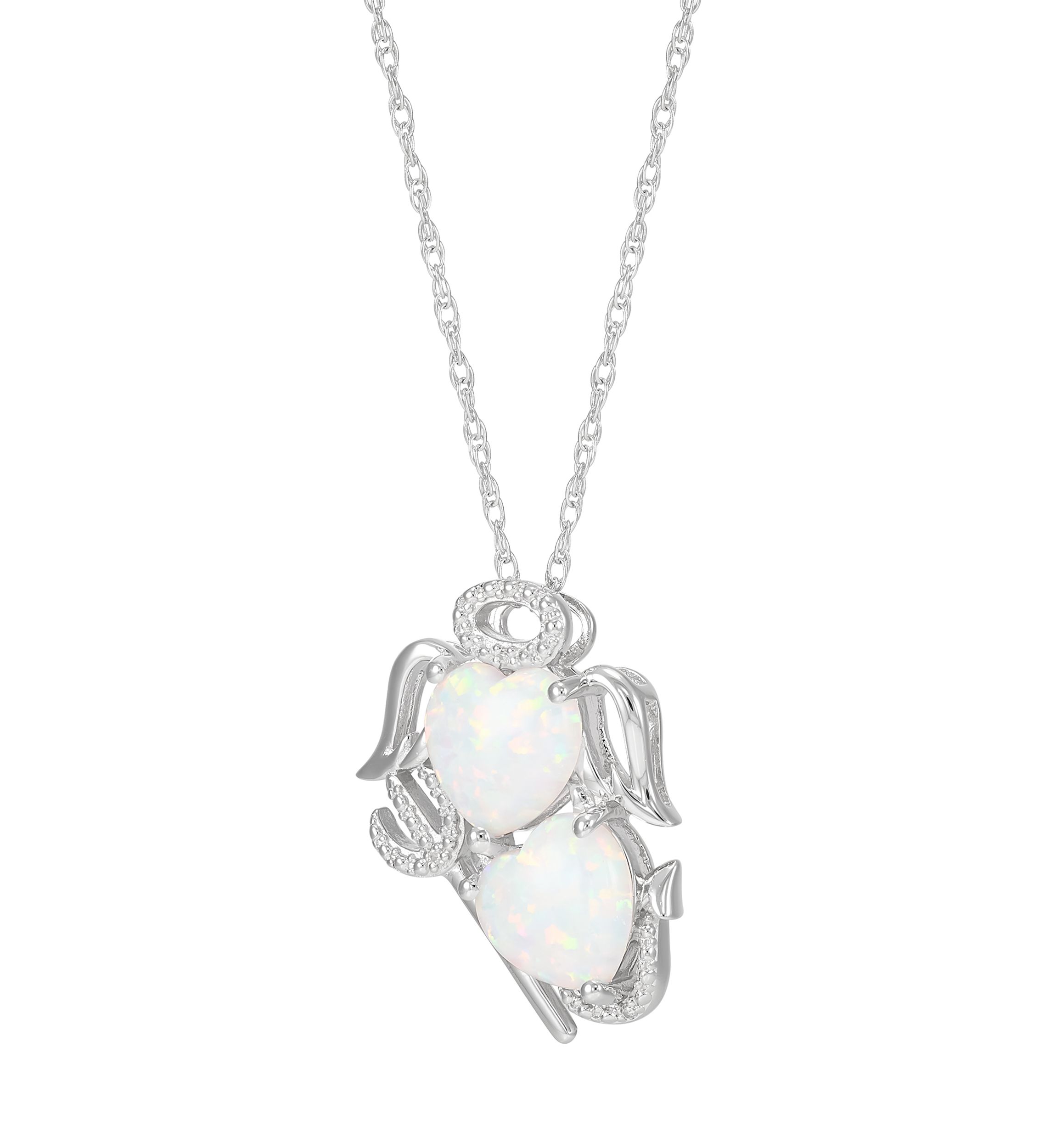 Lab Grown Diamond and Opal Angel and Evil Pendant with 18" Rope Chain in Sterling Silver