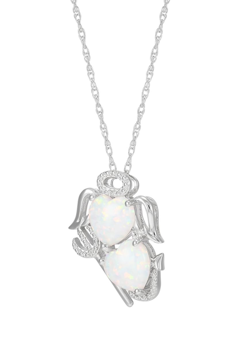 Lab Grown Diamond and Opal Angel and Evil Pendant with 18" Rope Chain in Sterling Silver